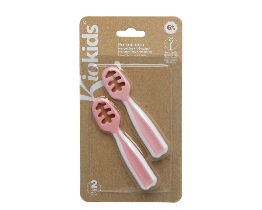 Conjunto de duas precucharas cor-de-rosa e branco para bebés numa embalagem castanha