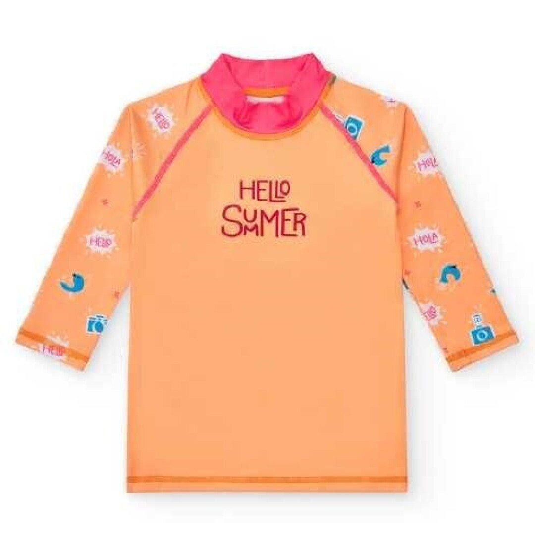 Camisola de criança laranja com texto Hello Summer