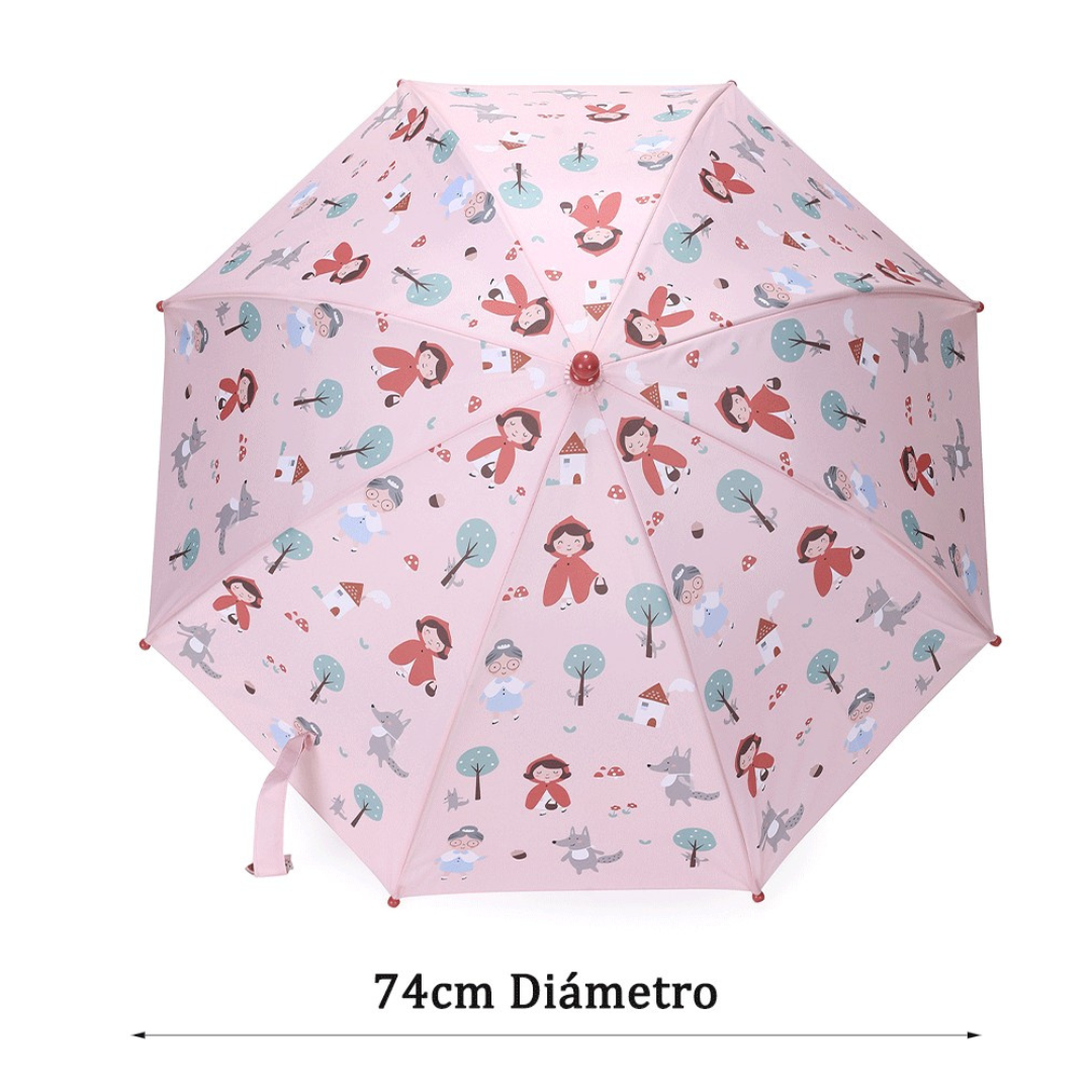 Guarda-chuva rosa com padrão ilustrado e medida de 74 cm de diâmetro