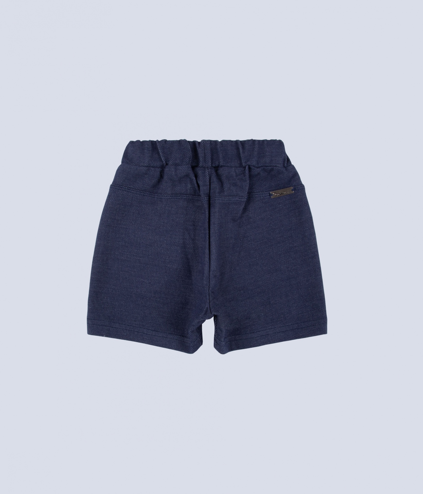 Calções de criança azul escuro com cós elástico e etiqueta metálica