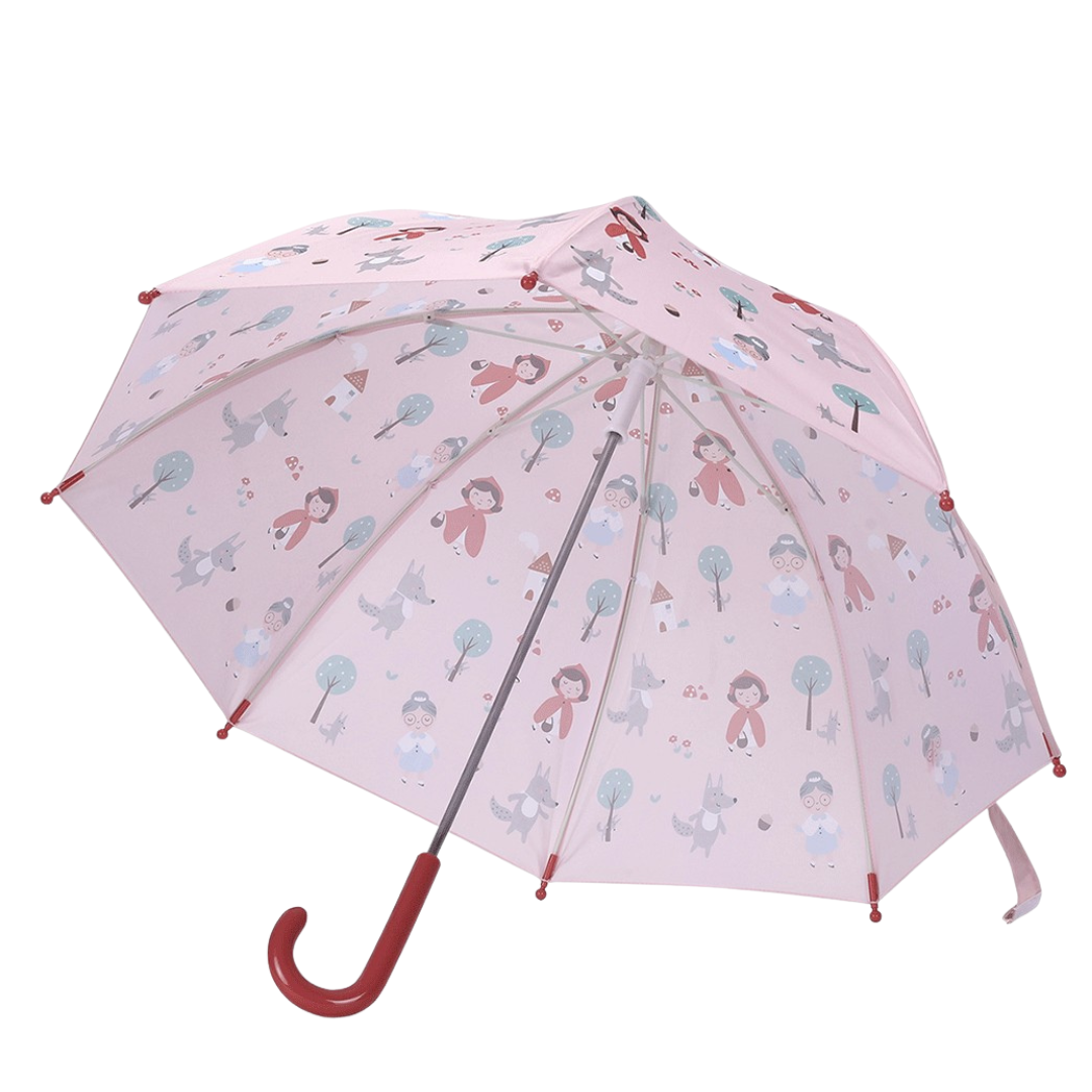 Guarda-chuva cor-de-rosa com padrão infantil e cabo curvo vermelho