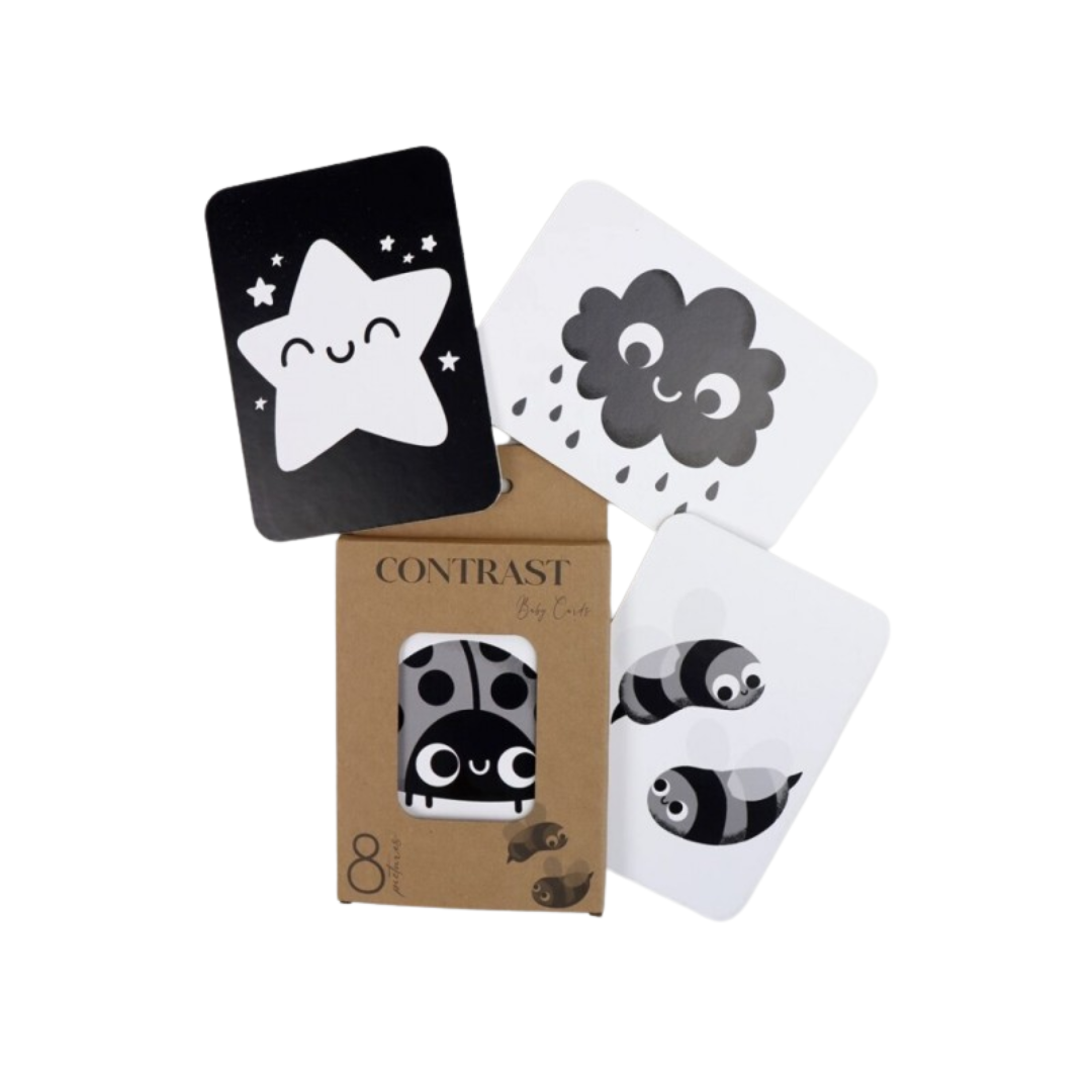 Cartões infantis a preto e branco com ilustrações de estrela, nuvem, abelhas e joaninha