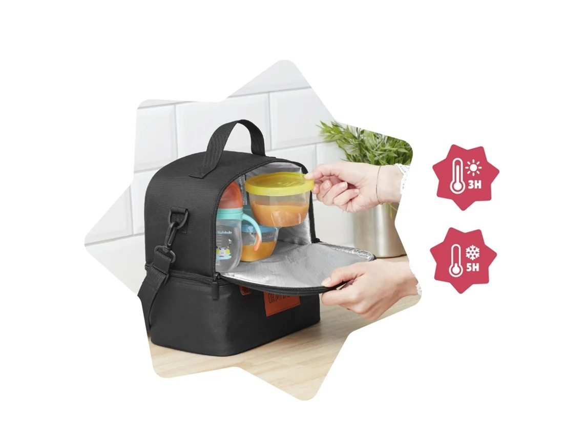 Mala térmica preta com recipientes de alimentos coloridos e interior isolante prateado