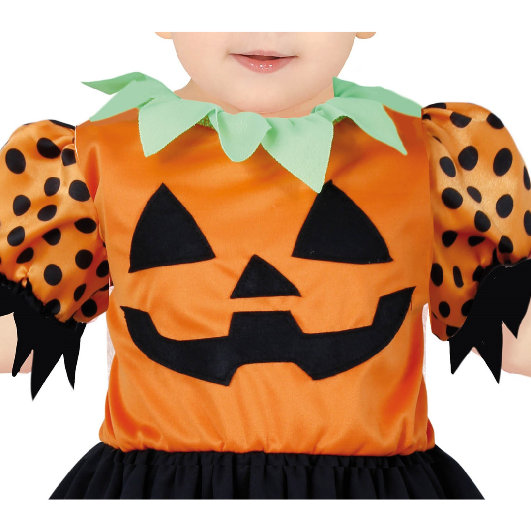 Vestido de Halloween de abóbora para criança com padrão de rosto negro e mangas com pontos pretos