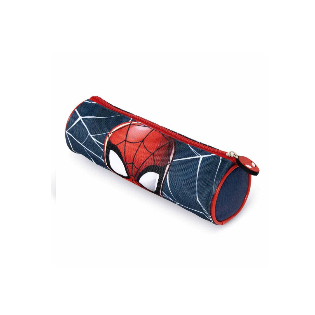 Estojo escolar do Homem-Aranha azul com máscara vermelha e padrão de teias