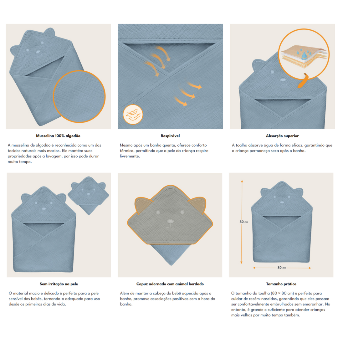 Toalha de banho em musselina 80x80cm Azul