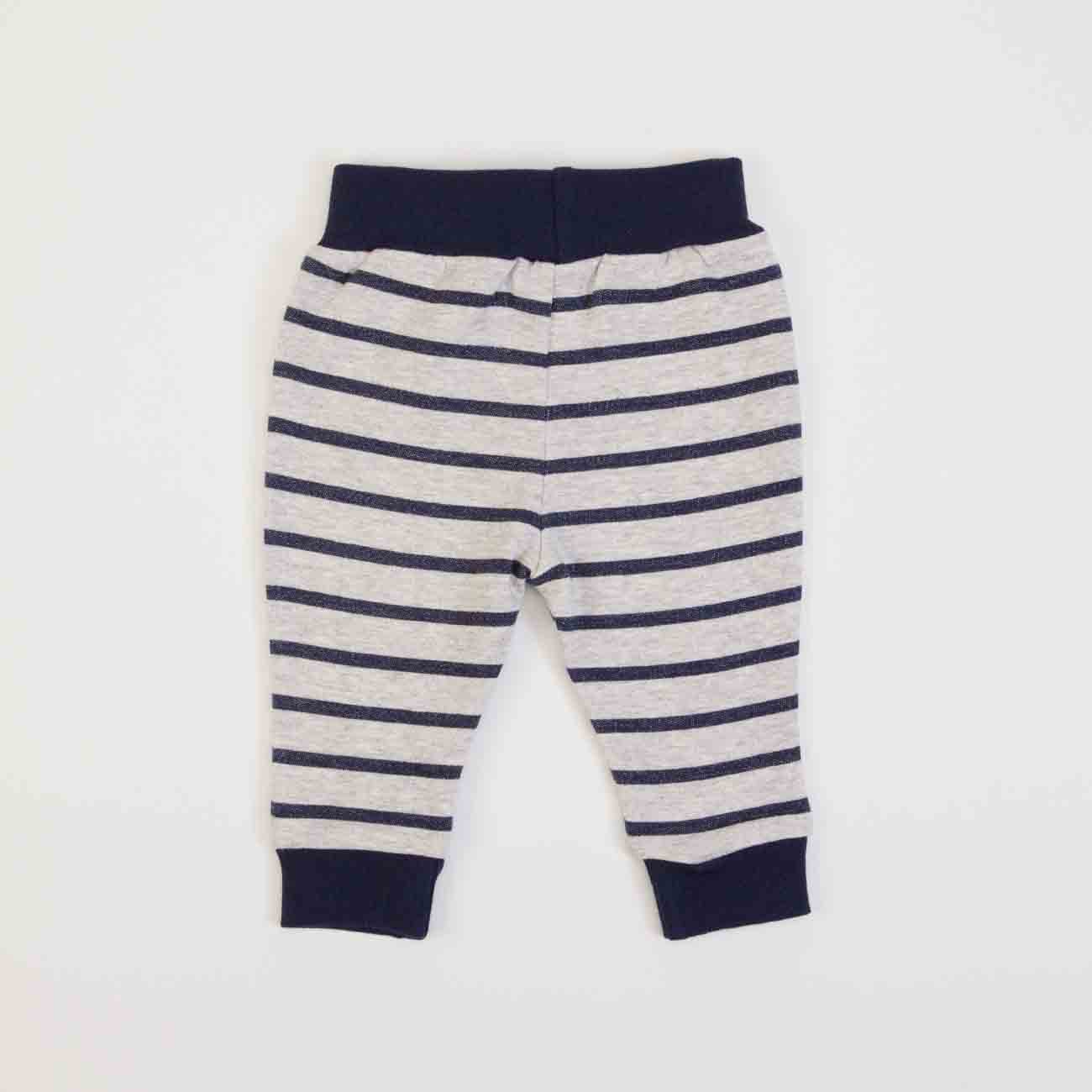 Calças de bebé às riscas cinza e azul escuro
