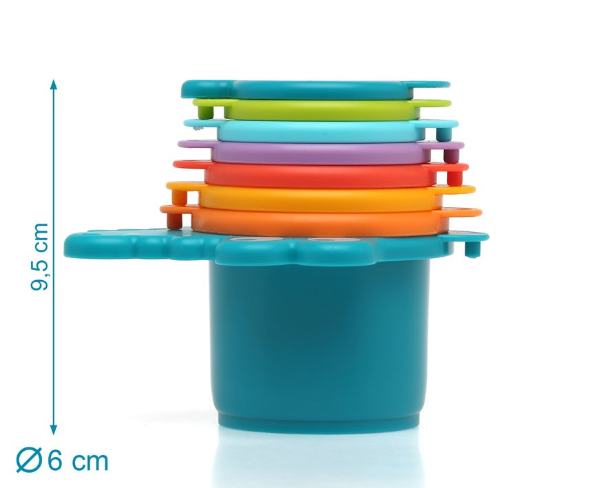 Conjunto colorido de recipientes plásticos empilhados com tampa e medidas visíveis