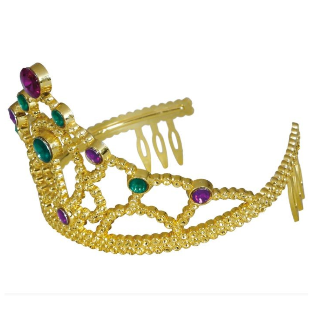 Tiara dourada com pedras coloridas