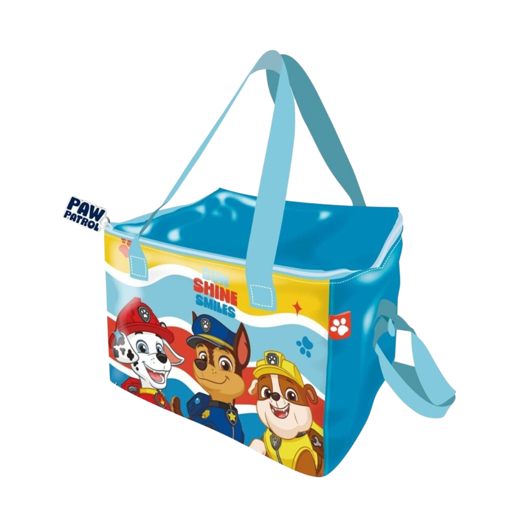 Saco térmico azul com personagens do PAW PATROL e texto SUN SHINE SMILES