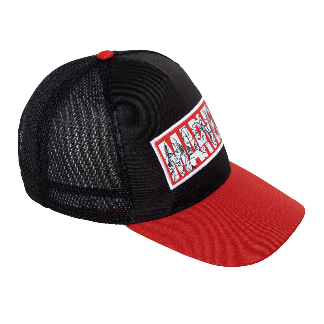 Boné trucker preto e vermelho com logótipo MARVEL na frente