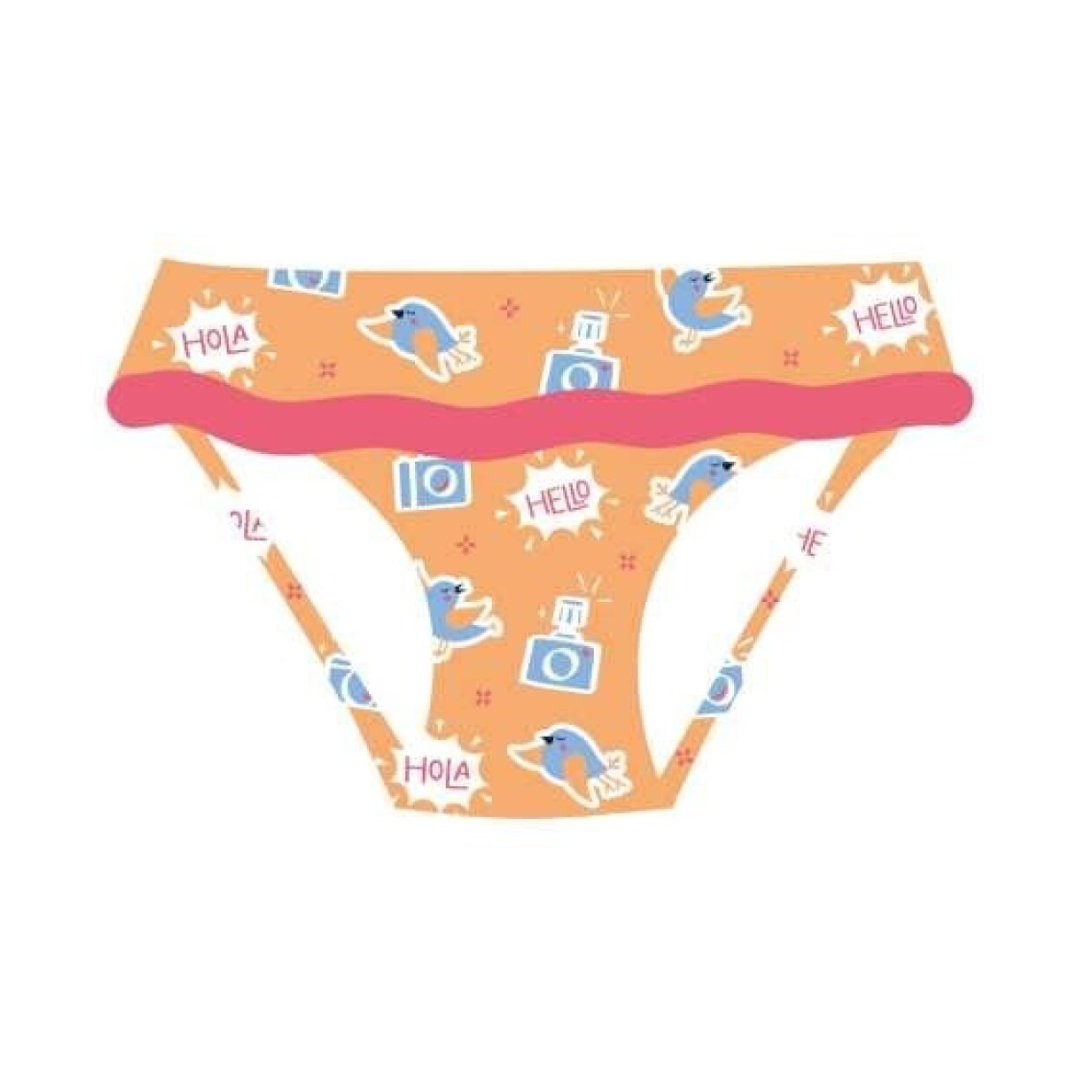 Cuecas de criança cor de laranja com padrão de cartoon e fita rosa