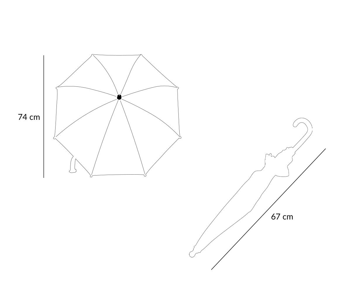 Desenho técnico de guarda-chuva aberto e fechado com medidas em centímetros.