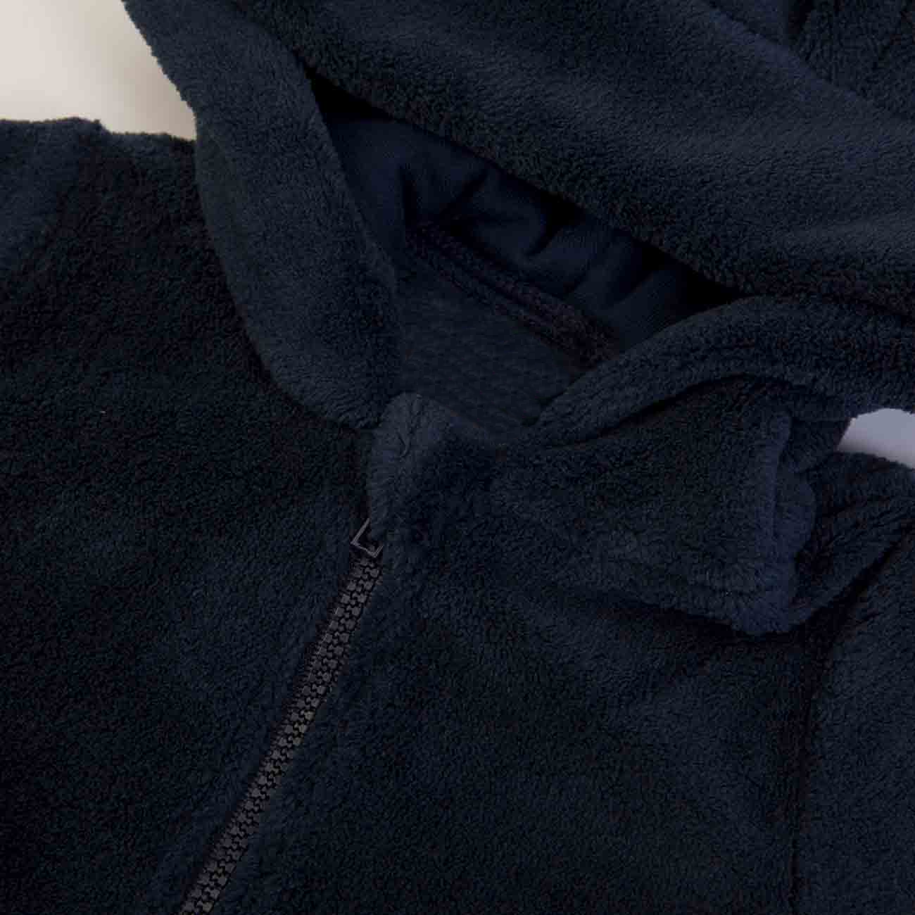 Casaco felpudo azul escuro com capuz e fecho de correr