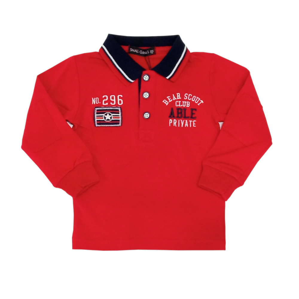 Camisola de criança vermelha com manga comprida e gola preta com risca branca