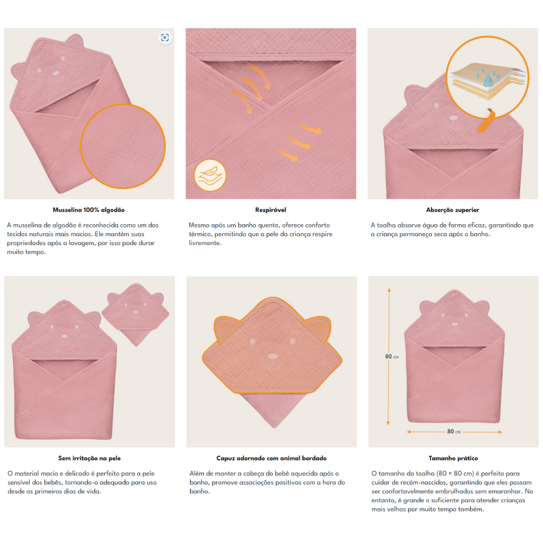 Toalha de banho em musselina 80x80cm Rosa