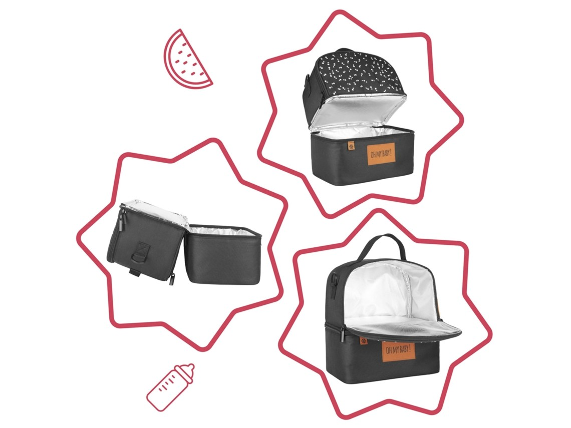Três bolsas térmicas pretas com interior branco e etiquetas laranja, em fundo branco com desenhos de melancia e biberão