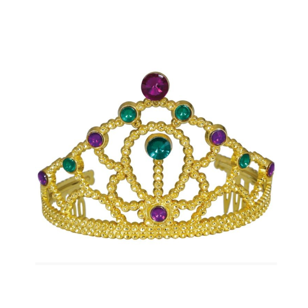 Tiara dourada com pedras coloridas