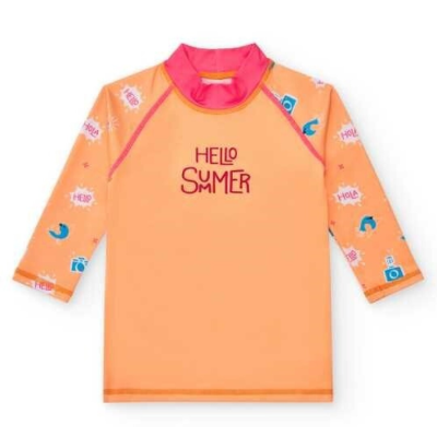 Camisola de criança laranja com texto Hello Summer