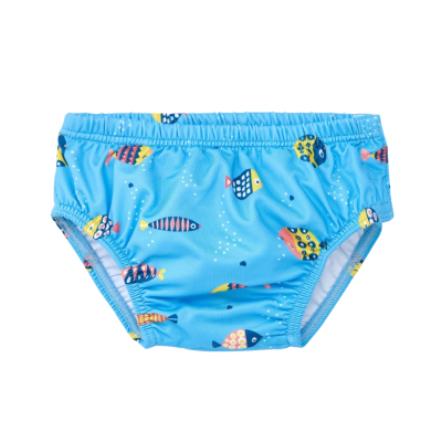 Cueca de banho azul claro com peixes coloridos