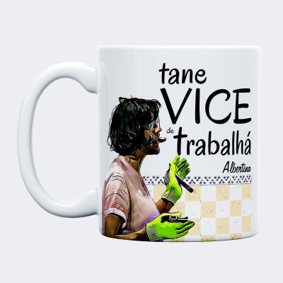 Caneca branca com ilustração e texto em preto