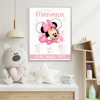 Quadro infantil decorativo da Minnie Baby rosa com nome e data de nascimento