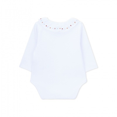 Body de bebé branco com mangas compridas e gola bordada