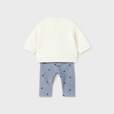 Conjunto para bebé com camisola branca e calças azuis com bolas pretas