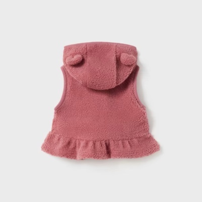 Colete de bebé rosa com capuz peludo e folho
