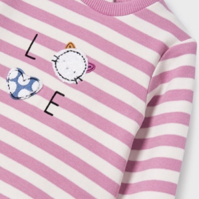 Camisola às riscas rosa e branca com bordado de gato, coração e letras LOVE