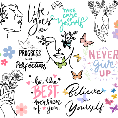 Desenhos minimalistas e frases motivacionais com flores e borboletas coloridas
