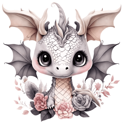 Dragão cinza claro com grandes olhos e flores ao redor