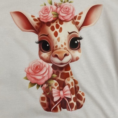 T-shirt branca com desenho de girafa animada e flores cor-de-rosa