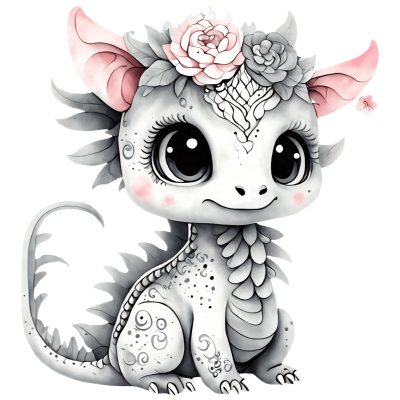 Dragão pequeno e fofo em cinza e branco com flores na cabeça