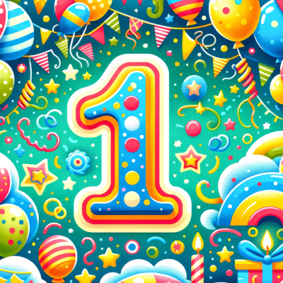 Número 1 decorado ao centro com balões e elementos festivos coloridos ao redor