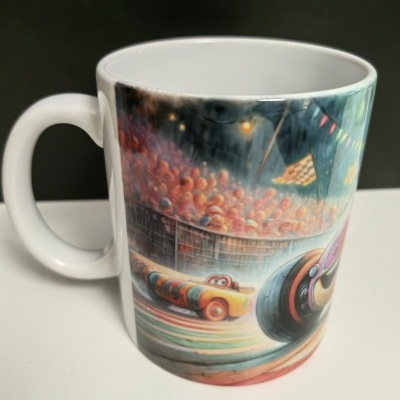 Caneca branca com ilustração colorida de corrida de carros animada