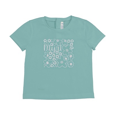 T-shirt azul clara com estampado branco de flores e palavra miru