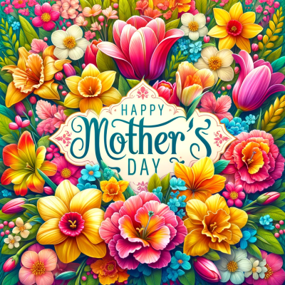 Ilustração colorida com flores e texto 'HAPPY Mother's DAY' em destaque