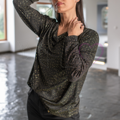 TÚNICA DE BRILHO COM GOLA DRAPEADA