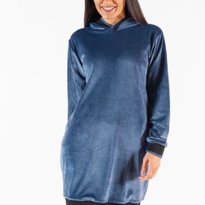 Vestido hoodie azul de veludo com punhos e bainha pretos e capuz