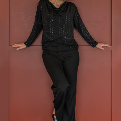 TÚNICA DE BRILHO COM GOLA DRAPEADA