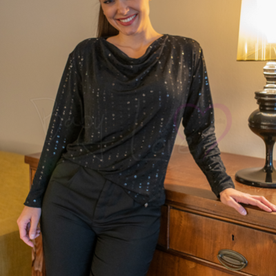 TÚNICA DE BRILHO COM GOLA DRAPEADA