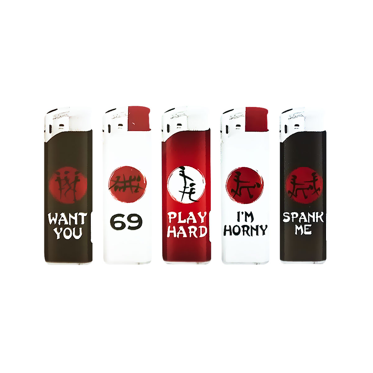 Cinco isqueiros com textos e desenhos em vermelho, branco e preto