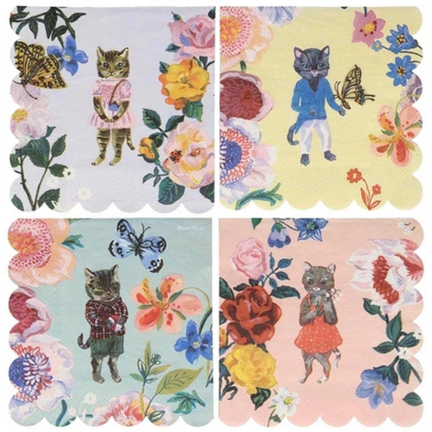 Quadrados decorativos com gatos vestidos e flores coloridas em fundos pastel