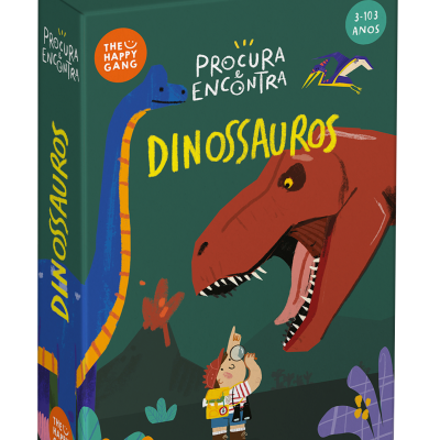 Caixa de jogo de dinossauros com ilustrações coloridas e texto em português para crianças e adultos