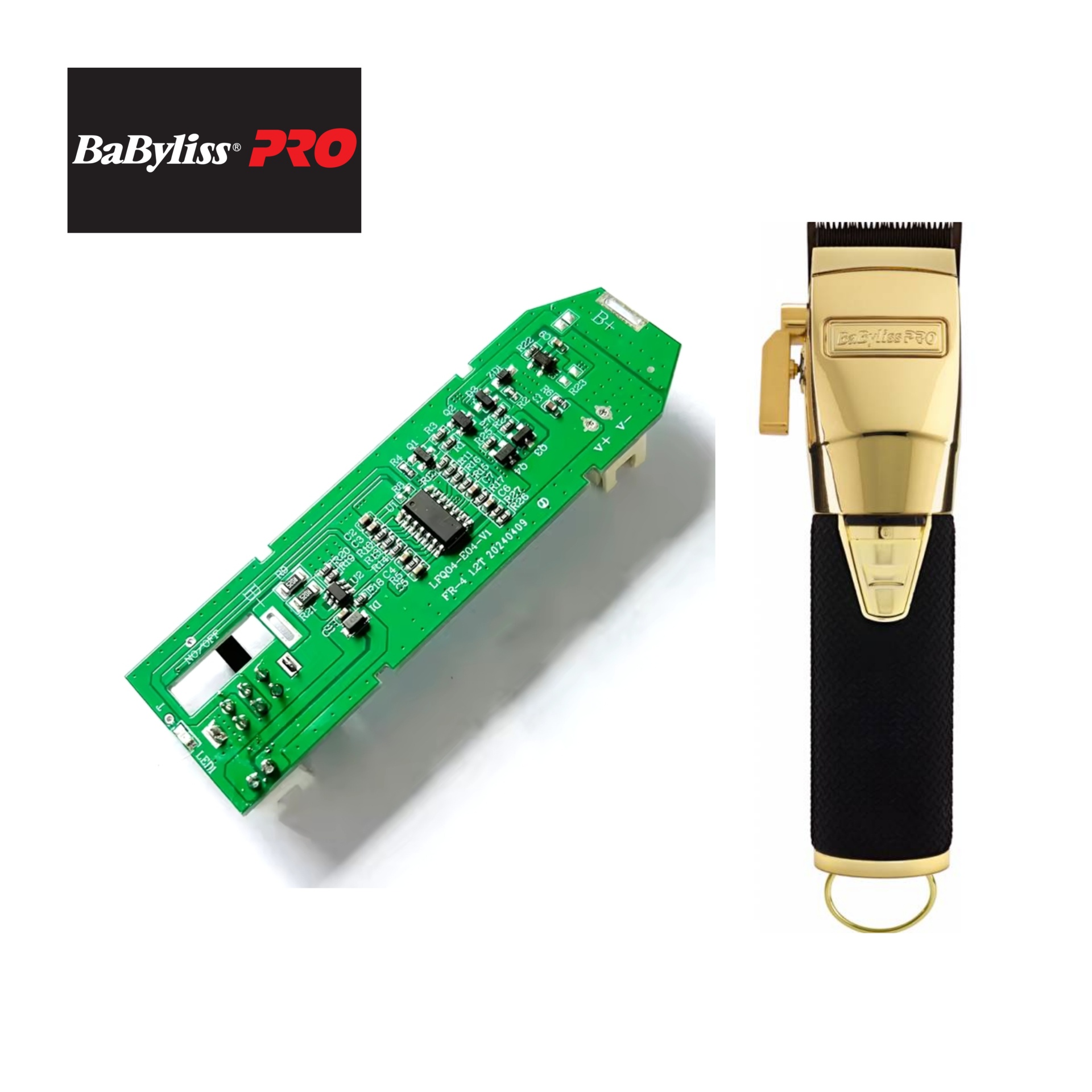 Máquina de cortar cabelo BaByliss PRO dourada com placa eletrónica verde
