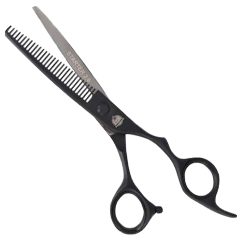 Tesoura de desbaste preta com lâminas metalizadas em fundo branco