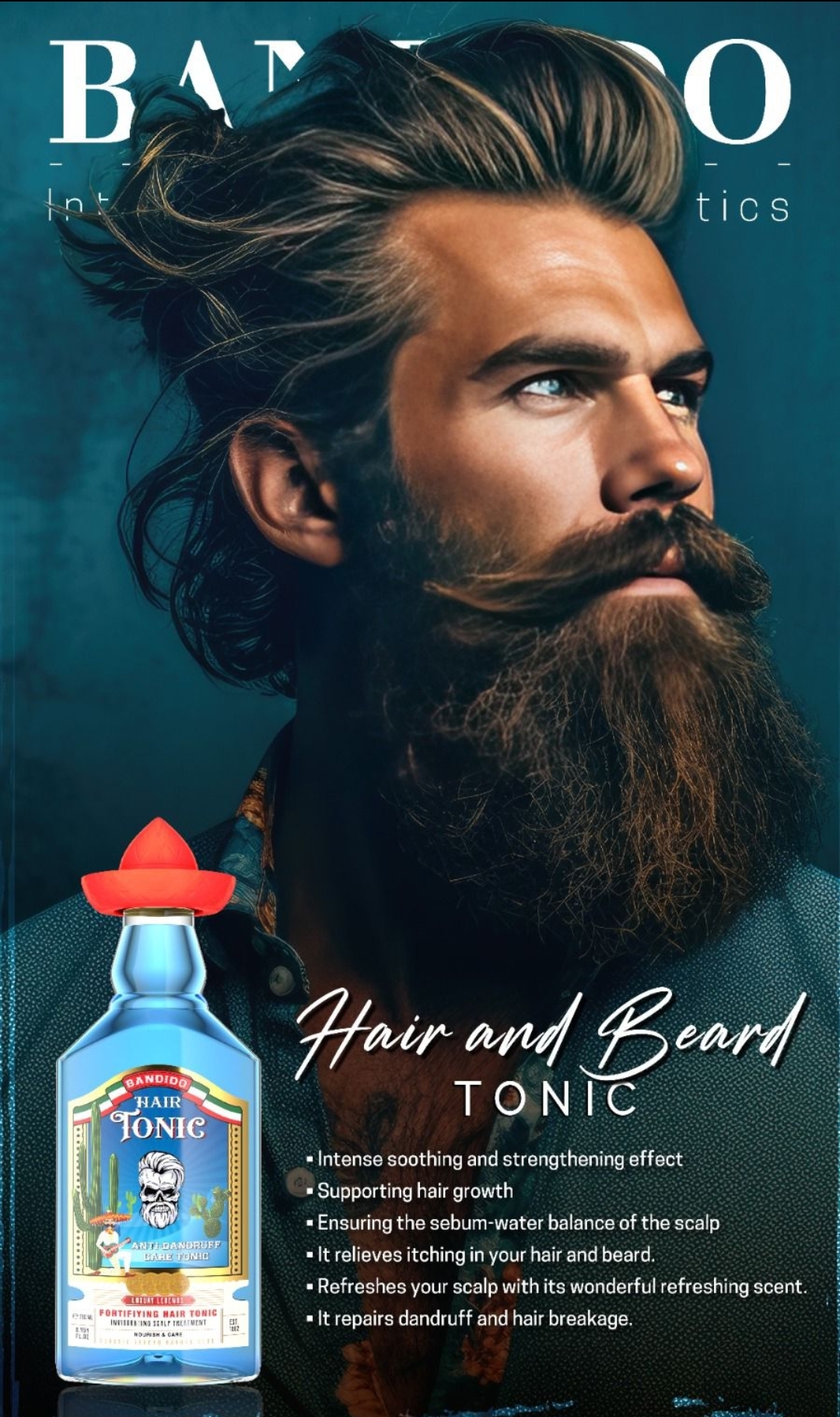 Homem com cabelo e barba espessos junto a frasco de tónico para cabelo e barba BANIDOR