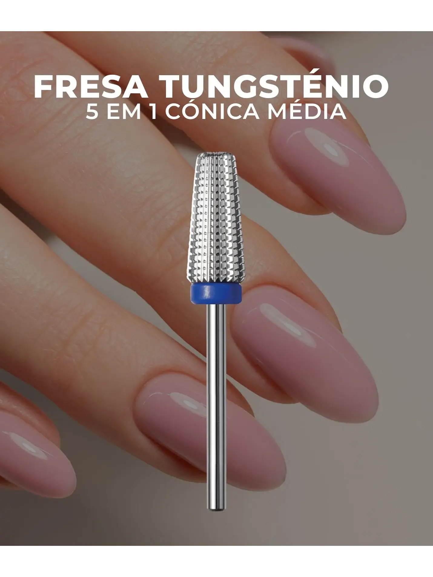 Fresa de tungsténio 5 em 1 cónica média com unhas cor rosa claro.