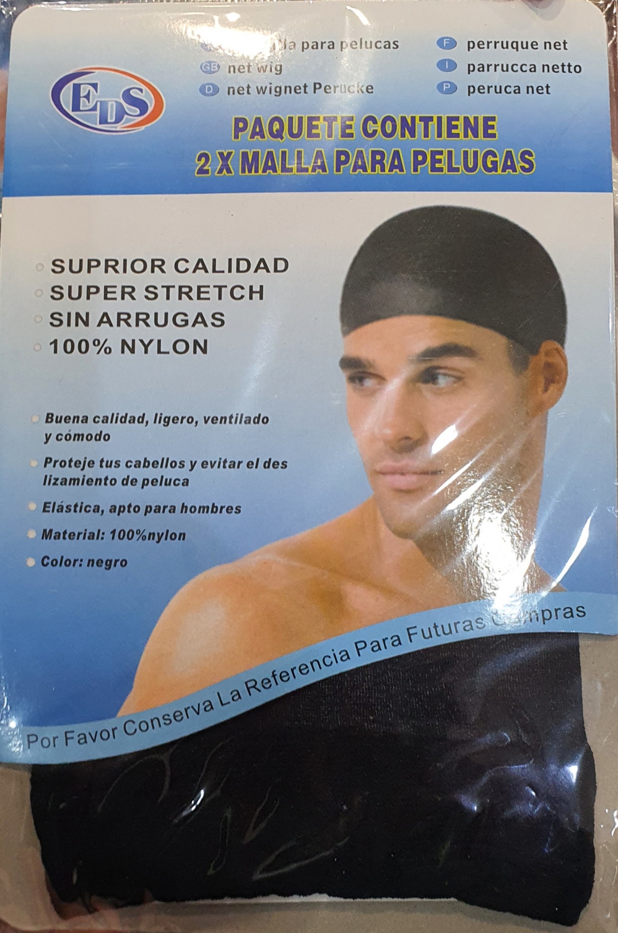 Pacote com 2 redes pretas para perucas em embalagem azul com texto em espanhol